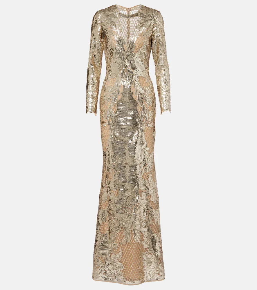 Embroidered sequined tulle gown