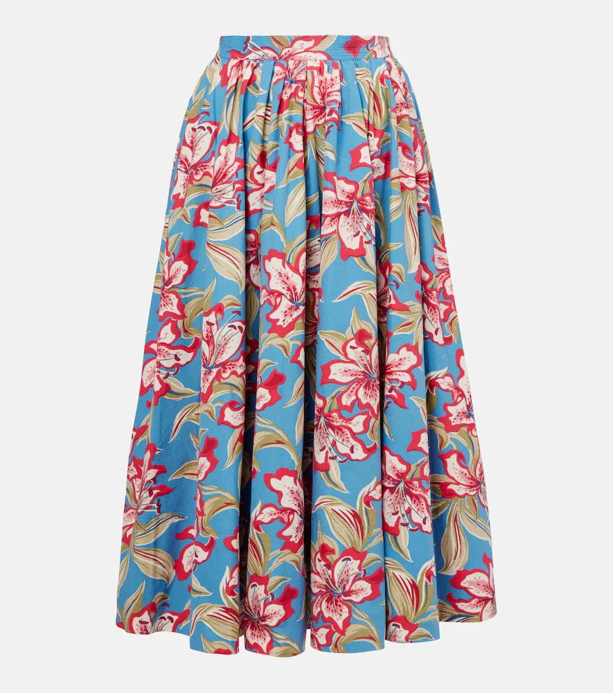 Falda midi de algodón fruncida floral
