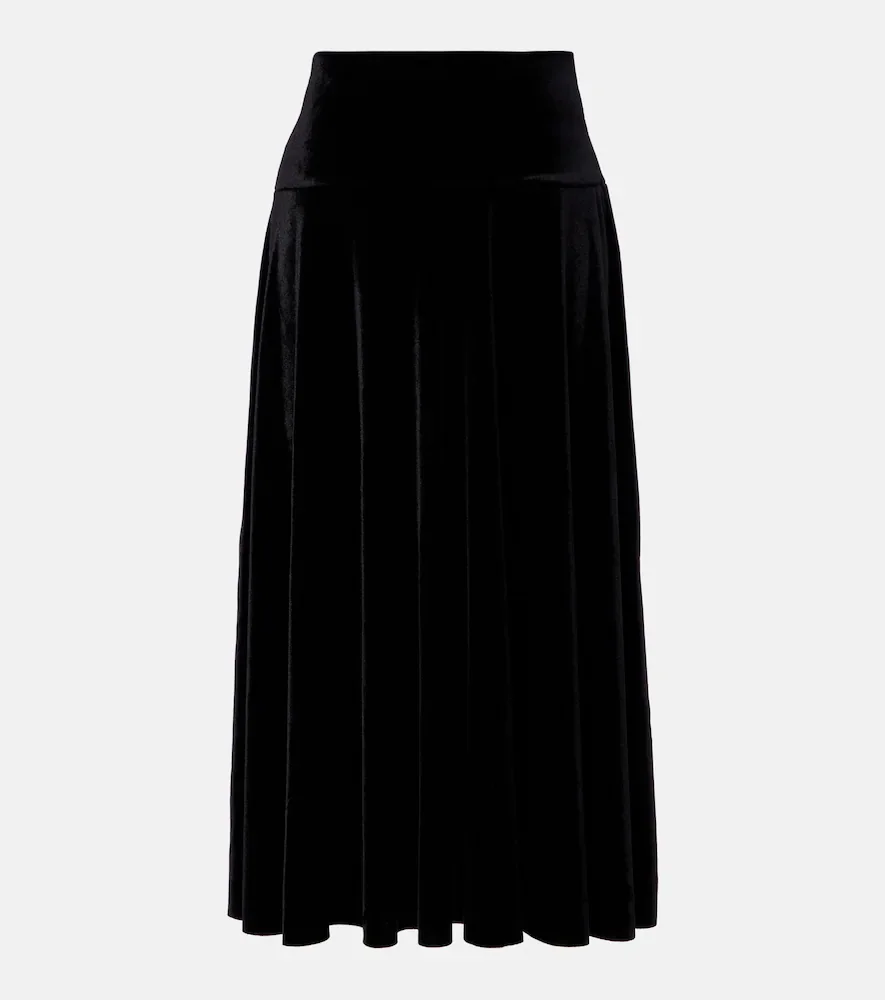 Flared pleated velvet midi skirt