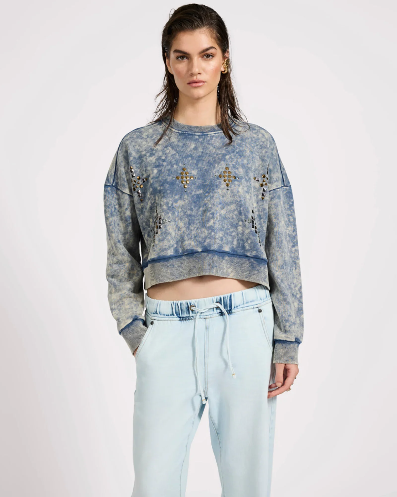 Fleece Cropped Star Studded Sweater - Acid Wash Blue, LRG