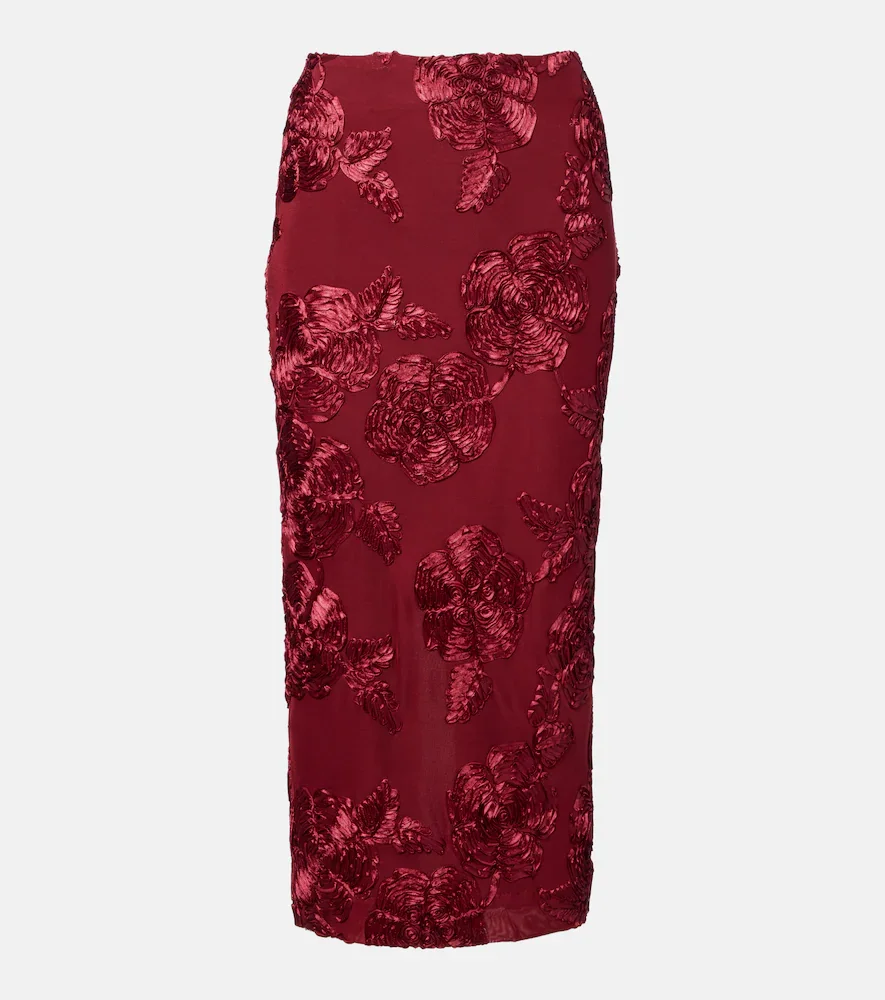 Floral-appliquà mesh pencil skirt