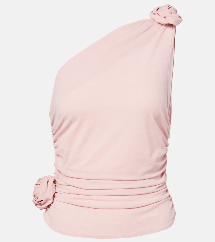 Floral-appliquà one-shoulder silk-blend top