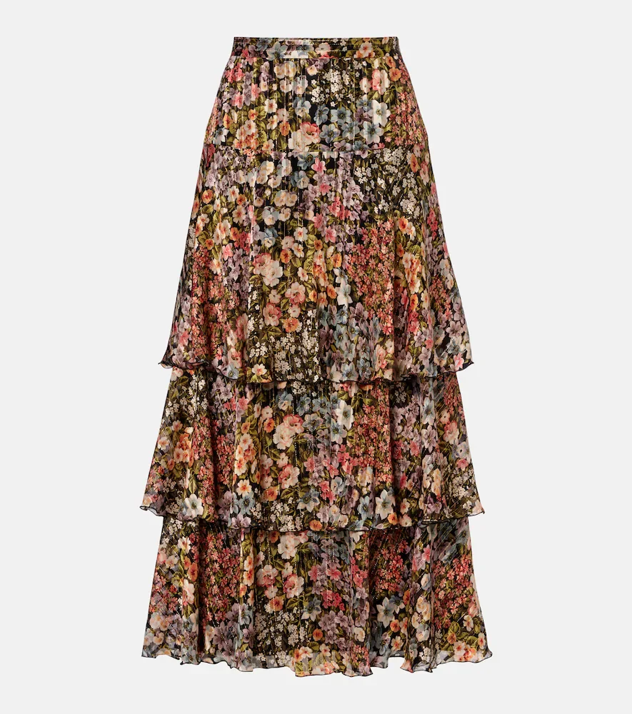 Floral plisse tiered silk midi skirt