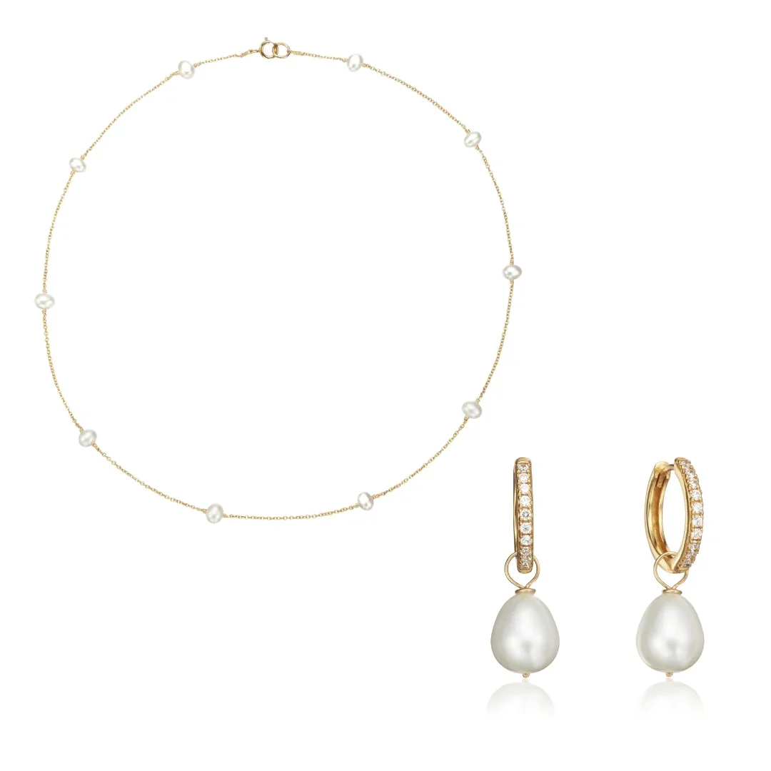Gold Diamond Style Large Pearl Hoops and Ten Pearl Choker Gift Set