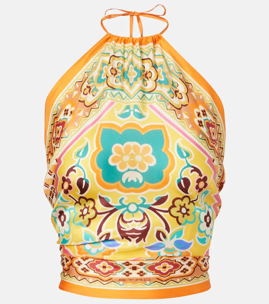 Halterneck printed silk top