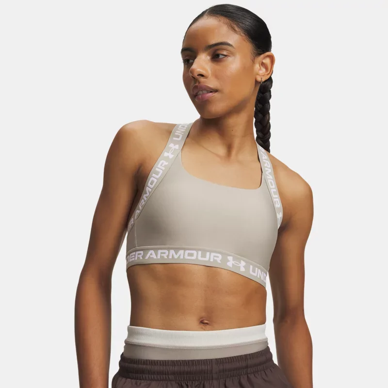 HeatGear Mid T-Back Women's Sports Bra Timberwolf Taupe White L