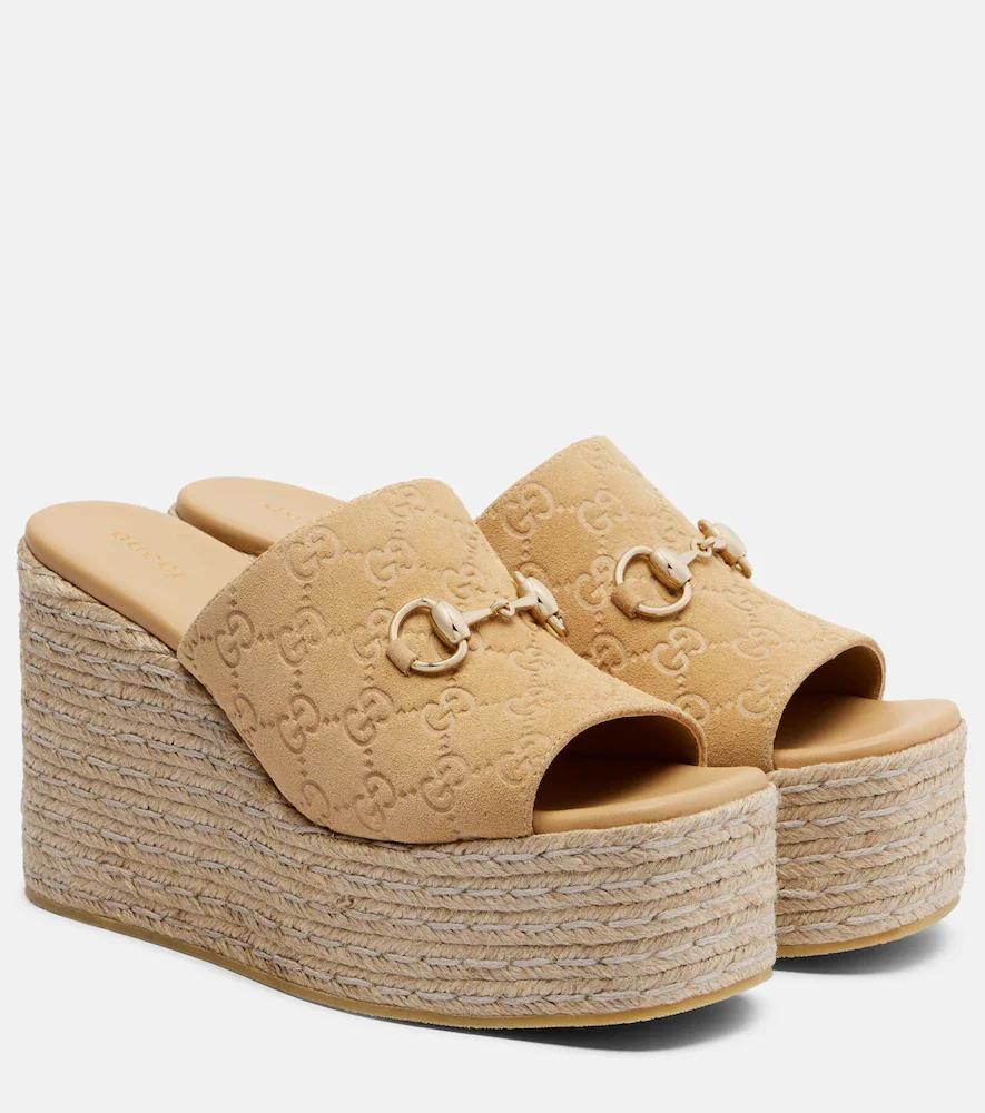 Horsebit GG suede espadrille wedges