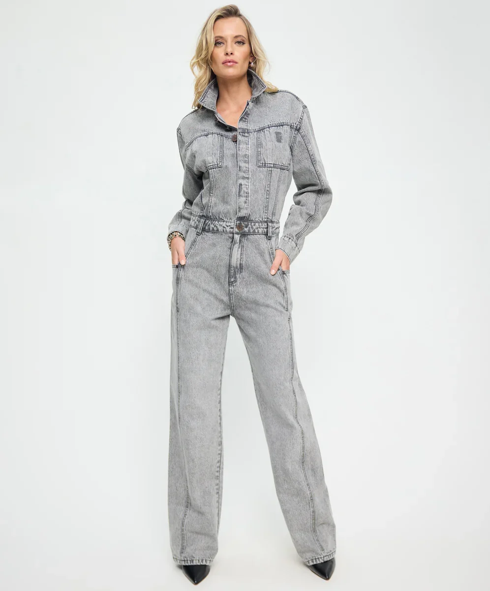 Icon Longsleeved Straight Leg Denim Jumpsuit - Soft Grey, MED