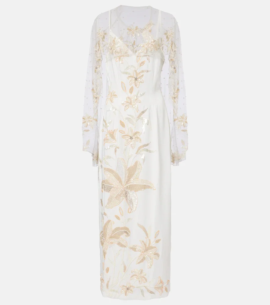 Là Fuori Vestido de fiesta Ivory Garden con capa adornado