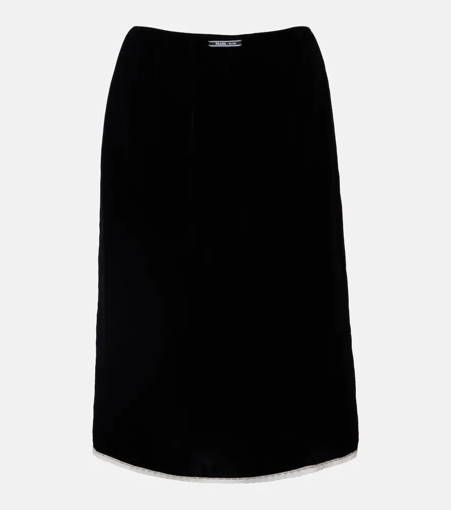 Lace-trimmed velvet midi skirt