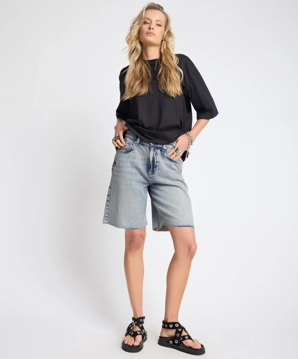 Le Cats Mid Waist Wide Leg Boyfriend Denim Shorts Denim Shorts - Le Cats Cloud Blue Size 26 One Teaspoon