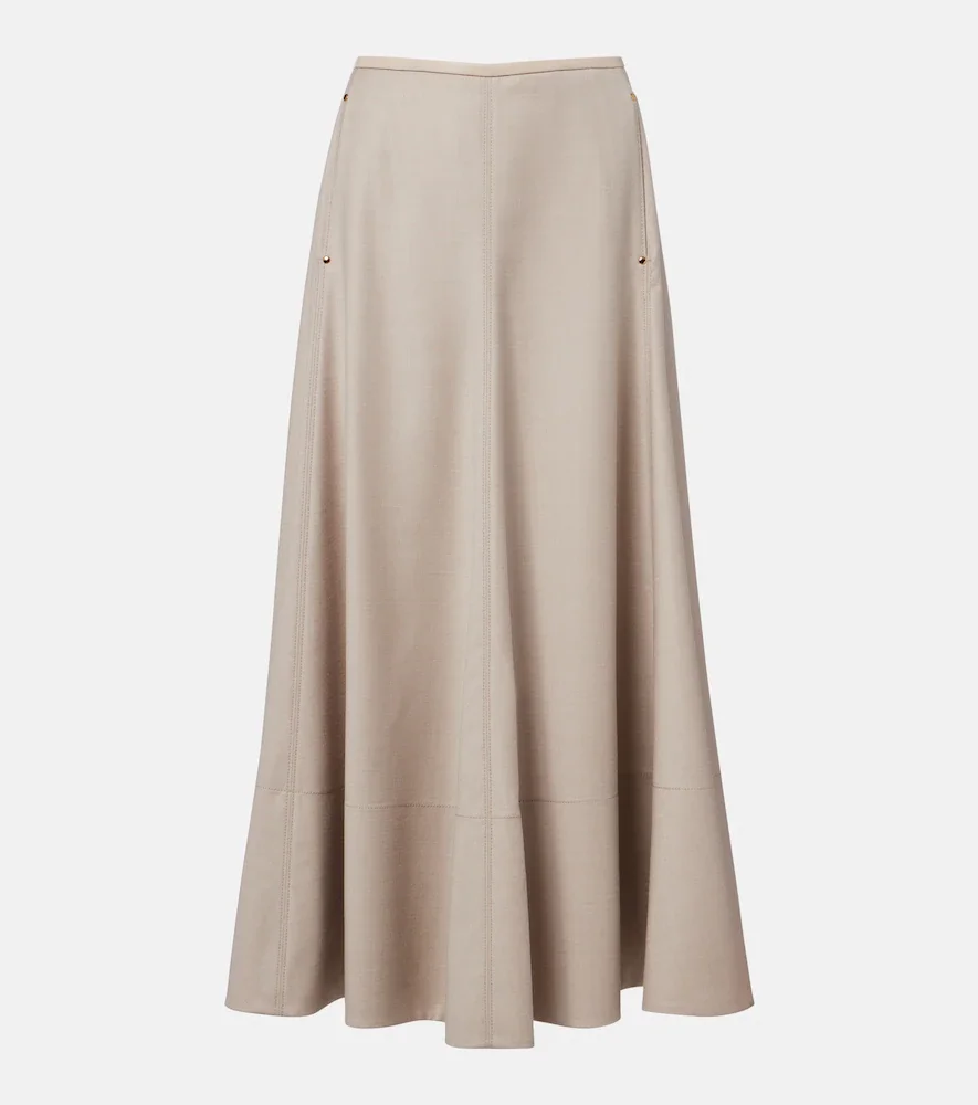 Leather-trimmed wool flannel midi skirt