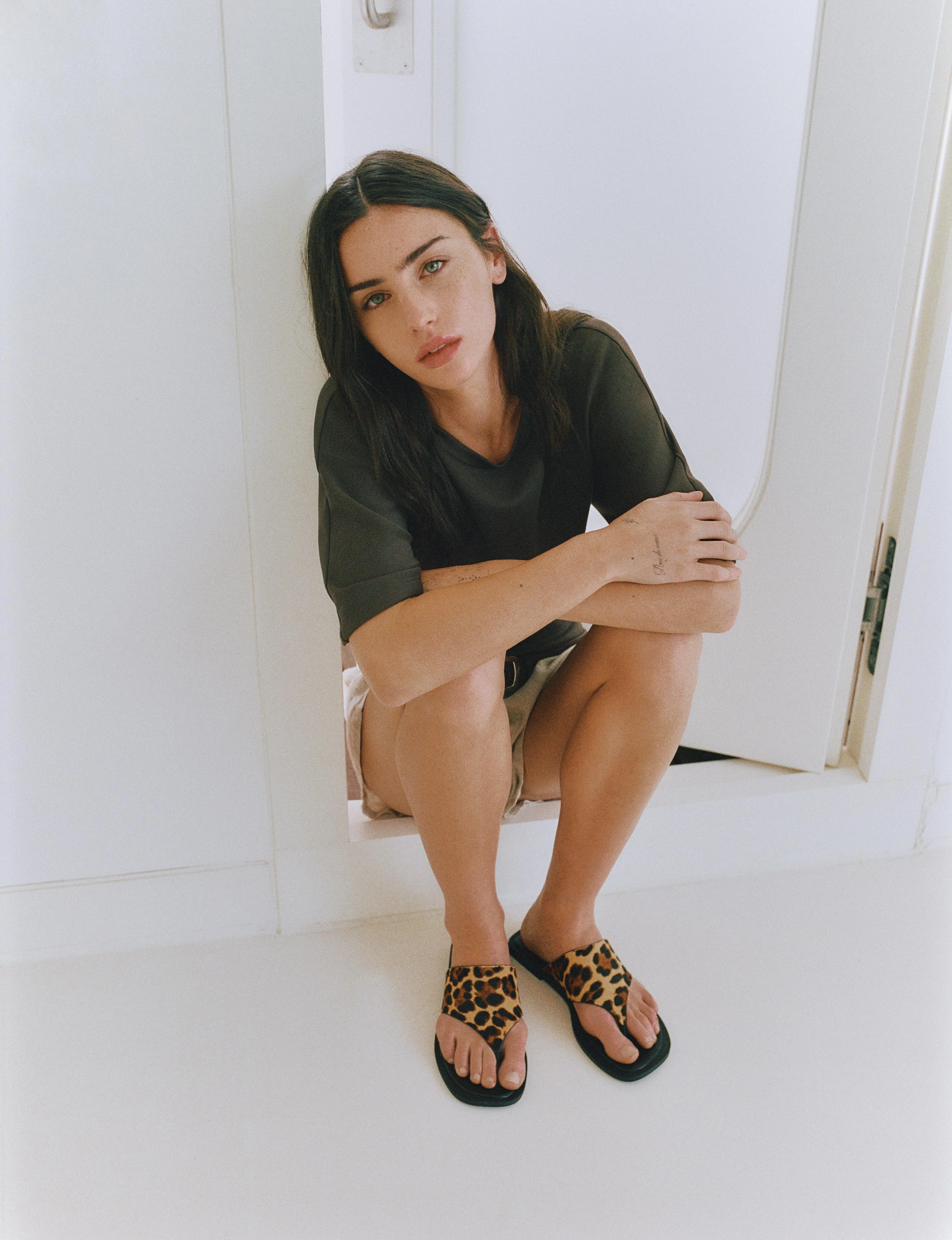 Leopard Print Flat Leather Sandals