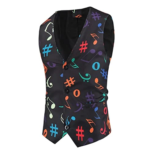 Men's Suit Vest, Colourful Waistcoats for Men Printed Suit Vest V Neck Button Down Gilet Plus Size Dress Vest Lightweight Sleveeless Jackets Single Breasted Waistcoats Business Casual Jacket Black