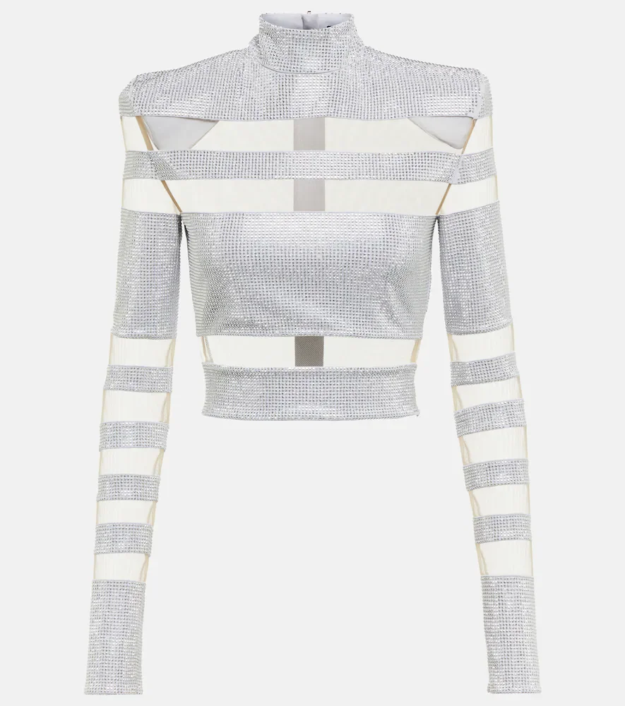 Mesh-paneled embellished top