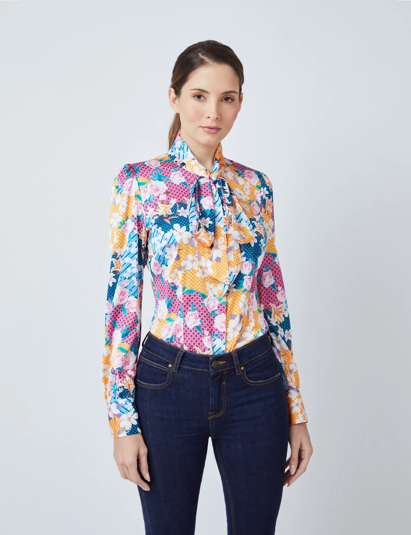 Orange Pink Floral Pussybow Blouse OrangePink Viscose Women's