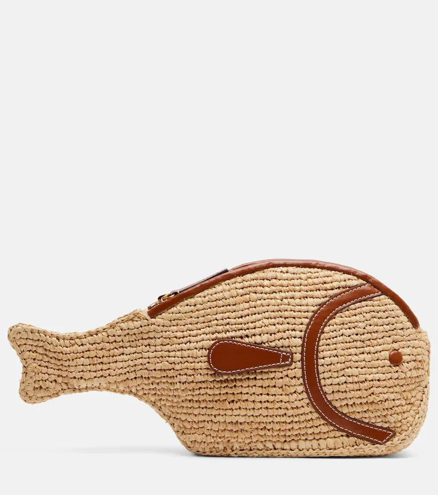 Pesce leather-trimmed raffia clutch