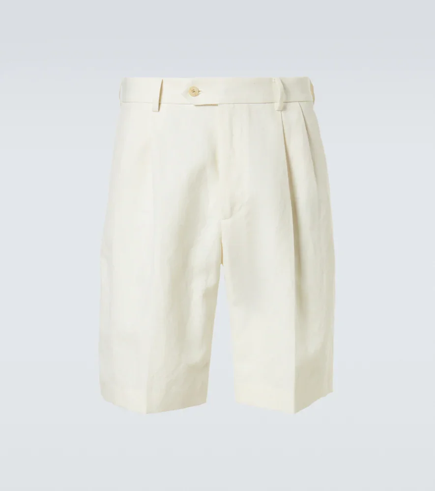 Pleated wool, cotton, and linen shorts