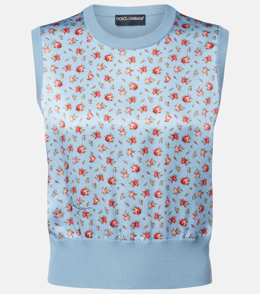Pull sans manches en soie à fleurs