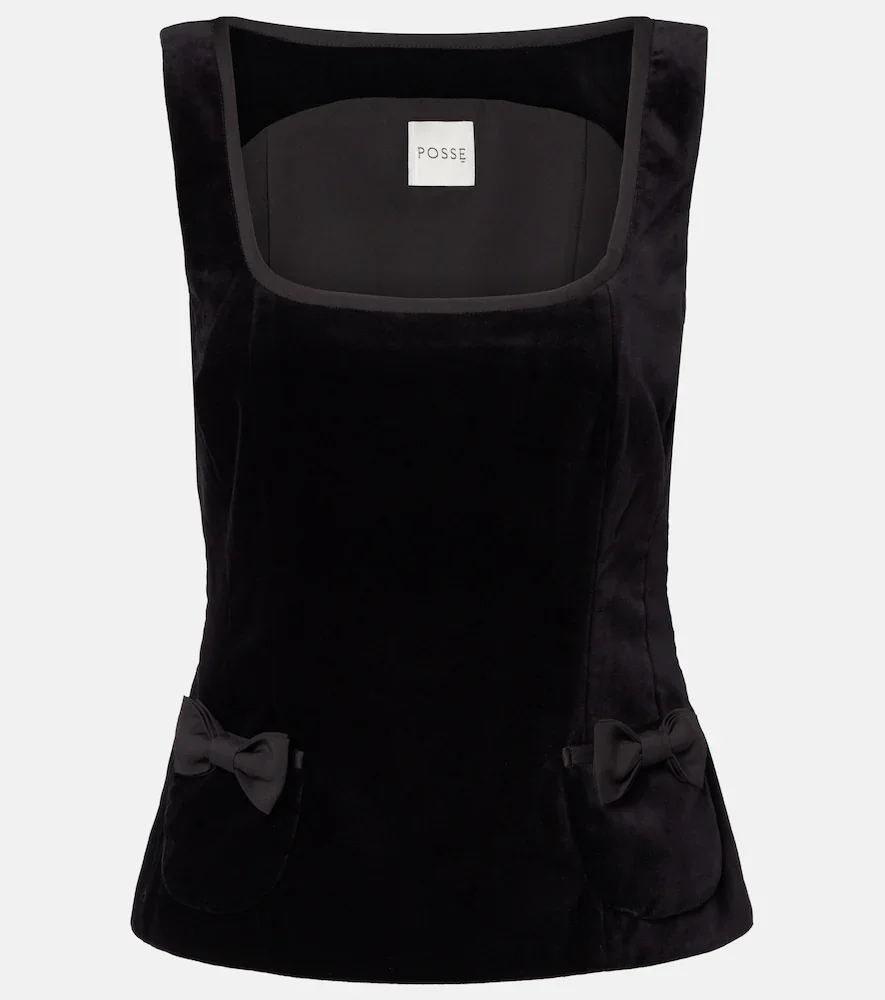 Quincy bow-detail cotton velvet top
