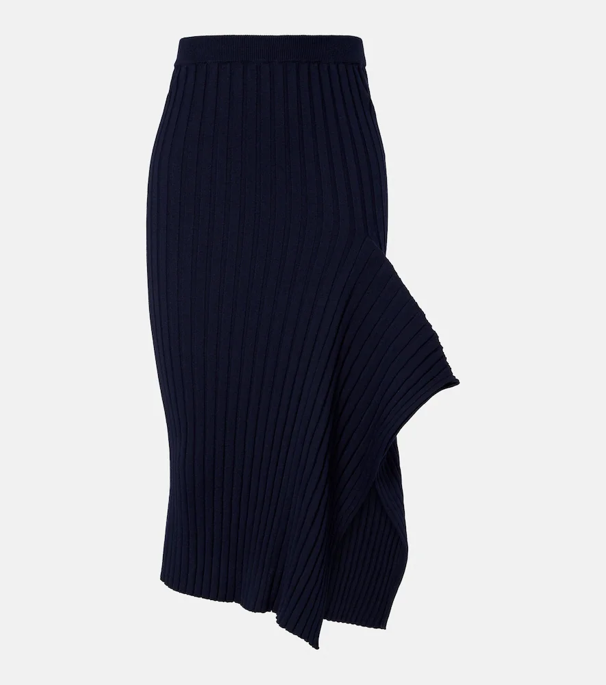Ribbed-knit ruffled cotton midi skirt