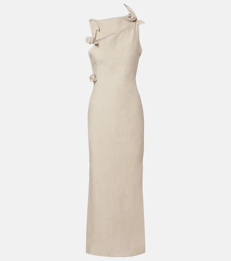 Robe longue asymétrique en lin à appliqué floral