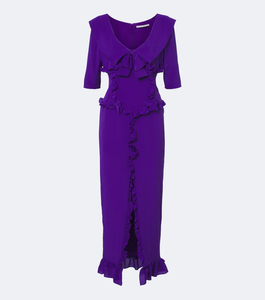 Robe midi en crêpe de soie à volants