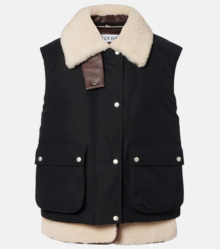 Shearling-trimmed cotton-blend vest