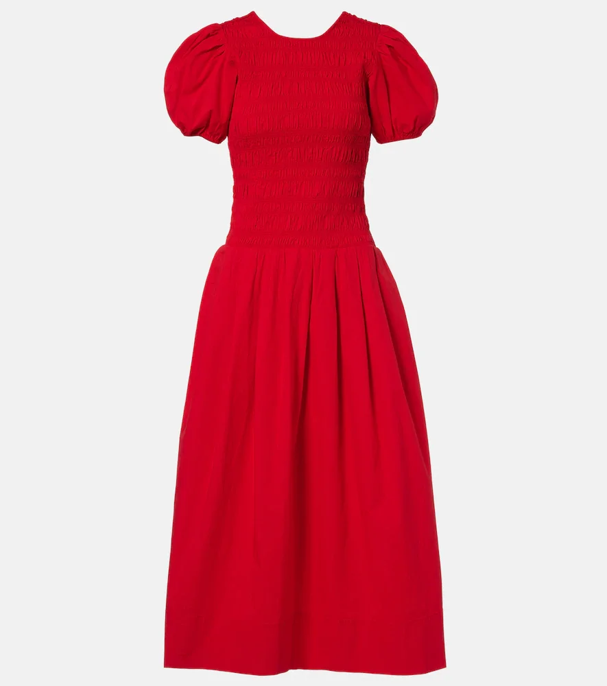 Shirred cotton-blend poplin midi dress