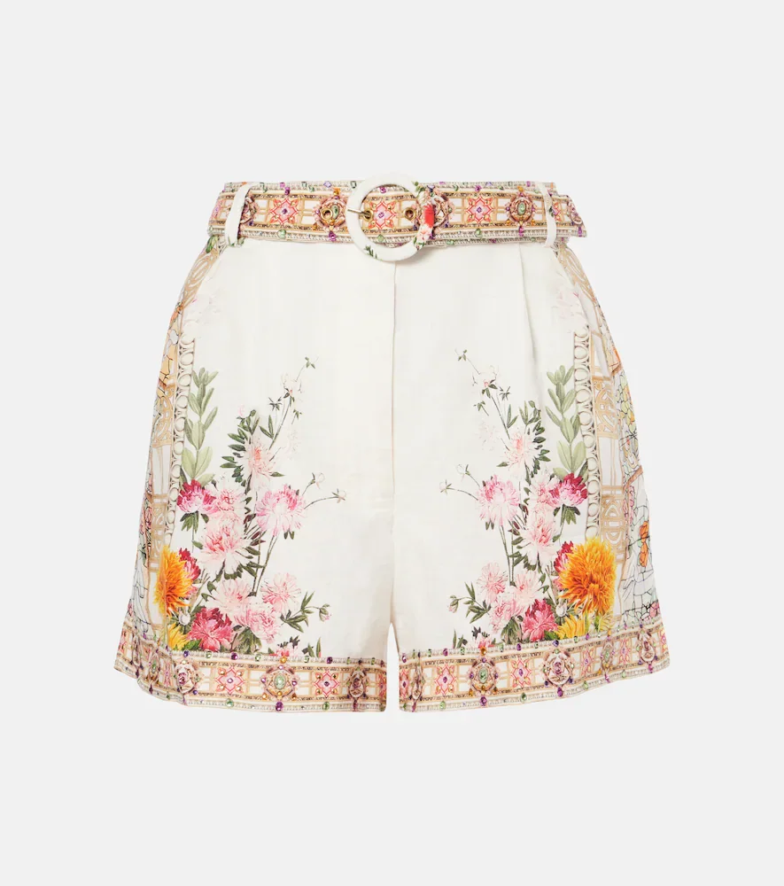 Shorts de lino de tiro alto floral