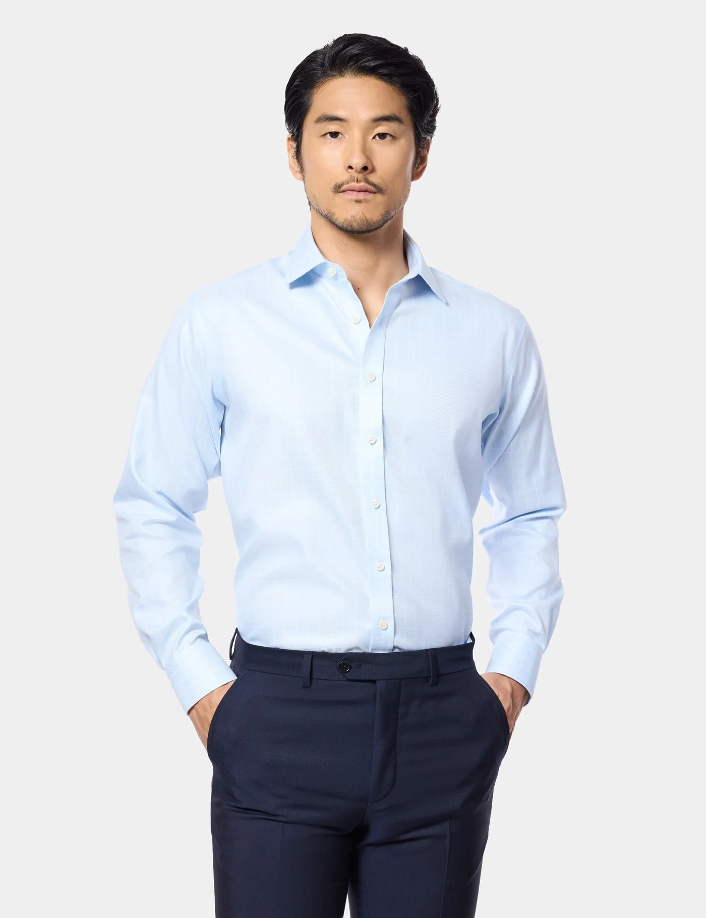 Slim Fit Blue White Windowpane Check Non-Iron Shirt BlueWhite Plaid Men's