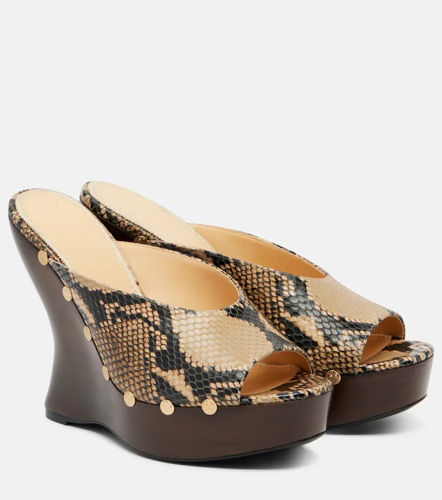 Snake-effect leather wedge mules