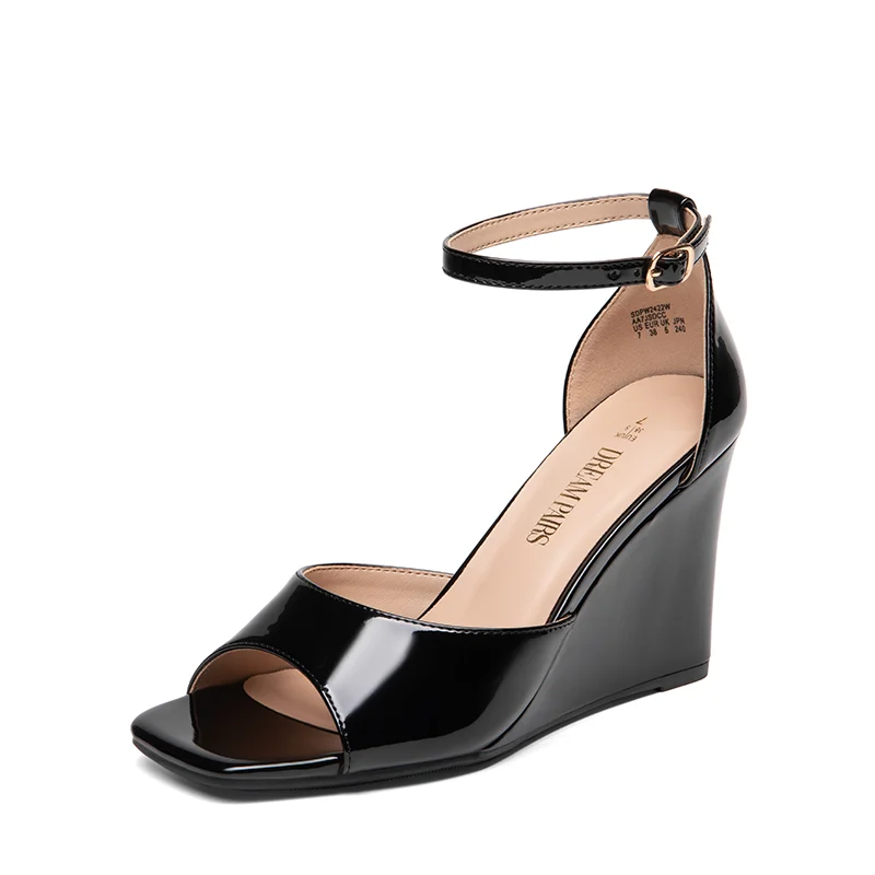 Square Toe Buckle Strap Wedge Sandals