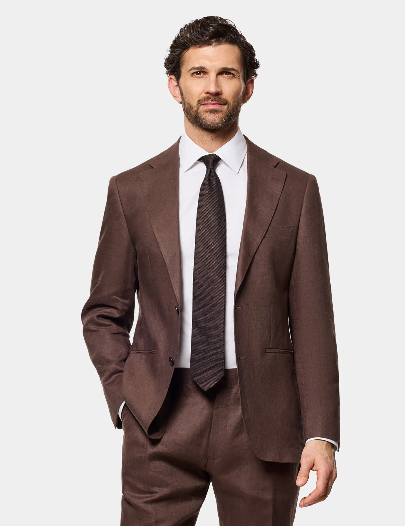 Tailored Fit Brown Linen Suit Jacket Plain Men's