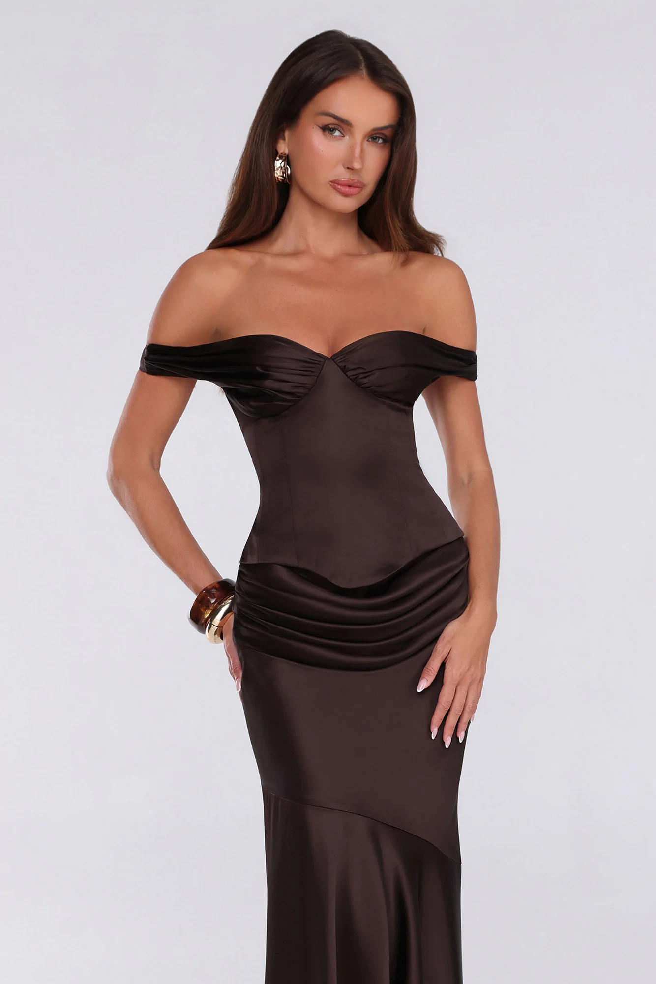 The Defining Look Satin Off Shoulder Corset Top Chocolate