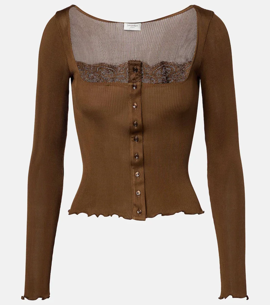 Top acanalado de jersey de seda con encaje