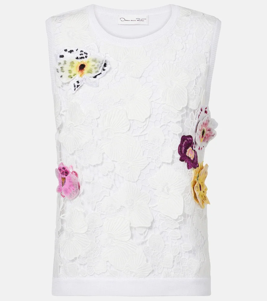 Top de mezcla de algodón con aplique floral y encaje
