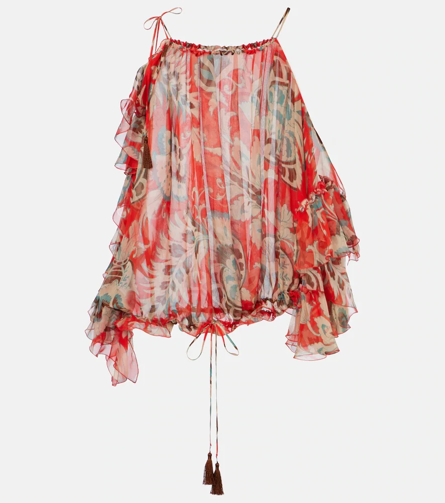 Top de seda estampado con volantes