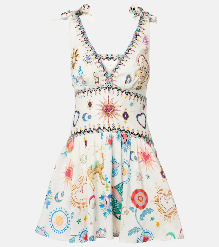 Vestido corto de seda y lino bordado