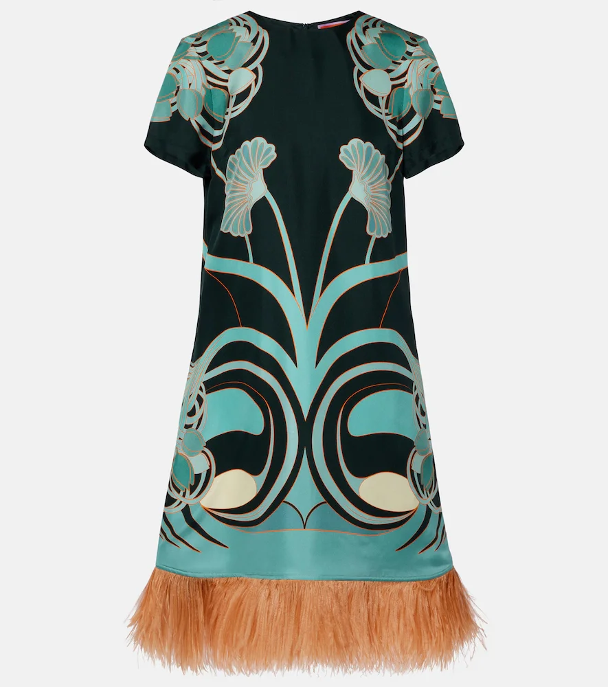 Vestido corto Swing de sarga de seda con plumas
