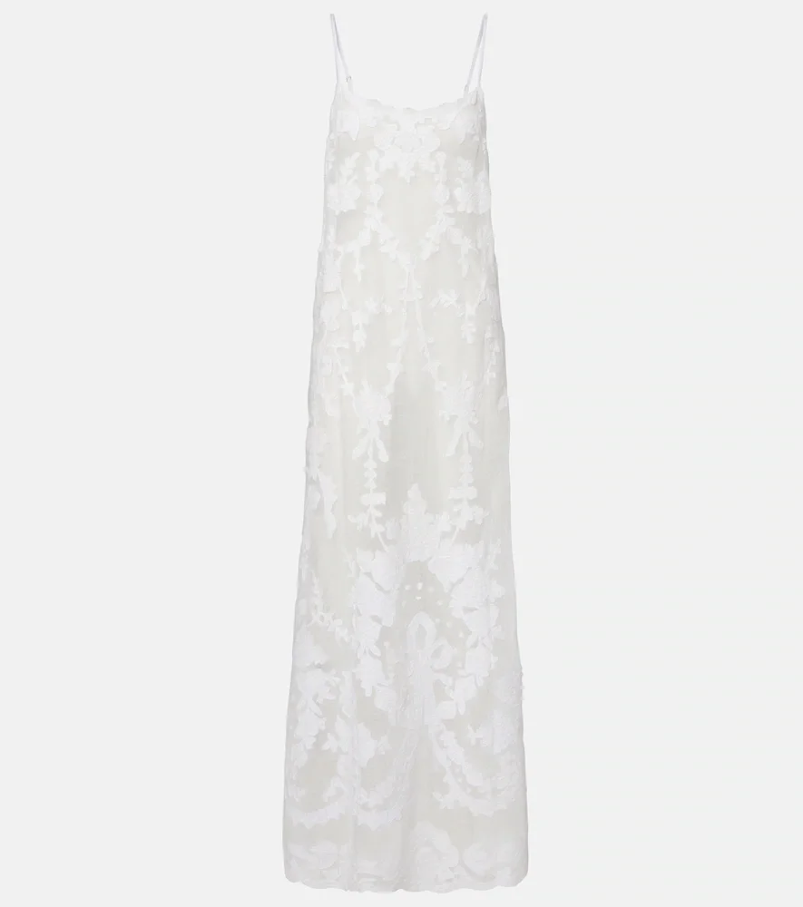 Vestido largo de algodón semitransparente bordado