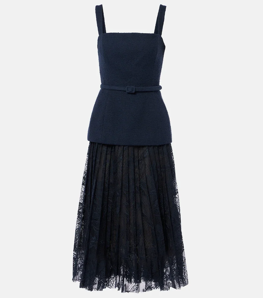Vestido largo de tweed y guipur