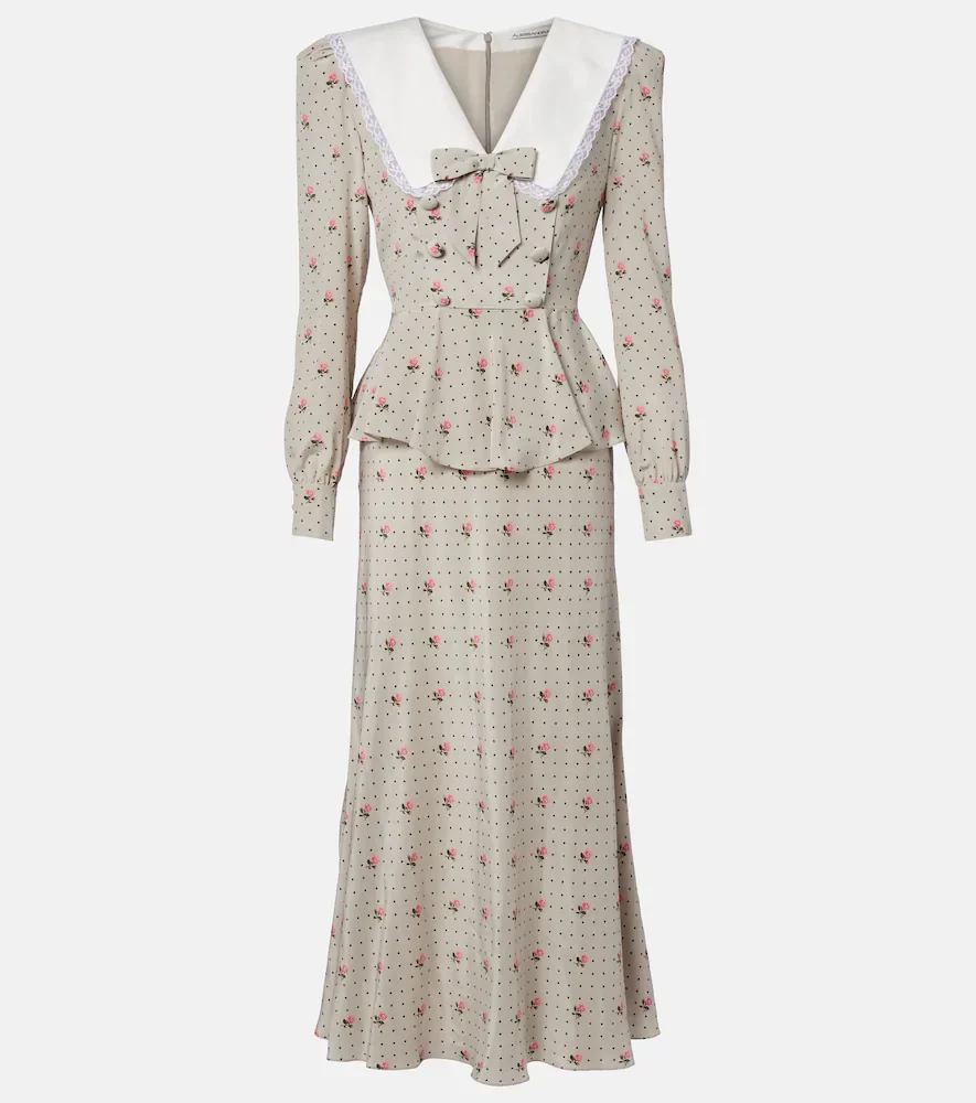Vestido midi de seda floral con lunares