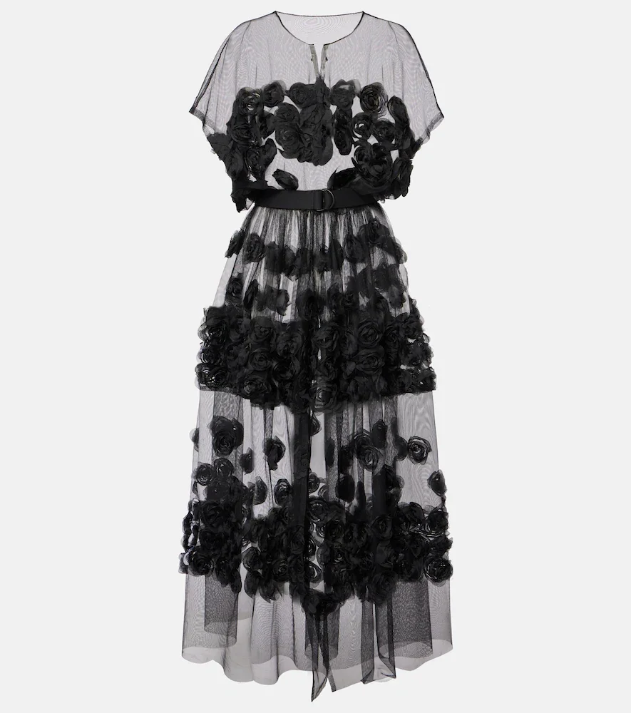Vestido midi de tul con aplique floral