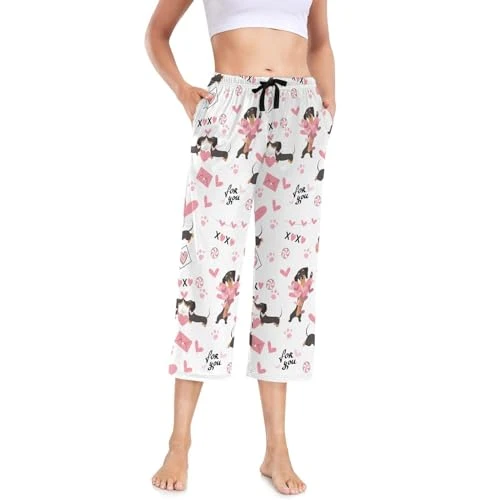 Women's Pyjama Bottoms Dachshund Dogs Love Hearts, Capri Pants Comfy Pajama Pjs Lounge Pants S
