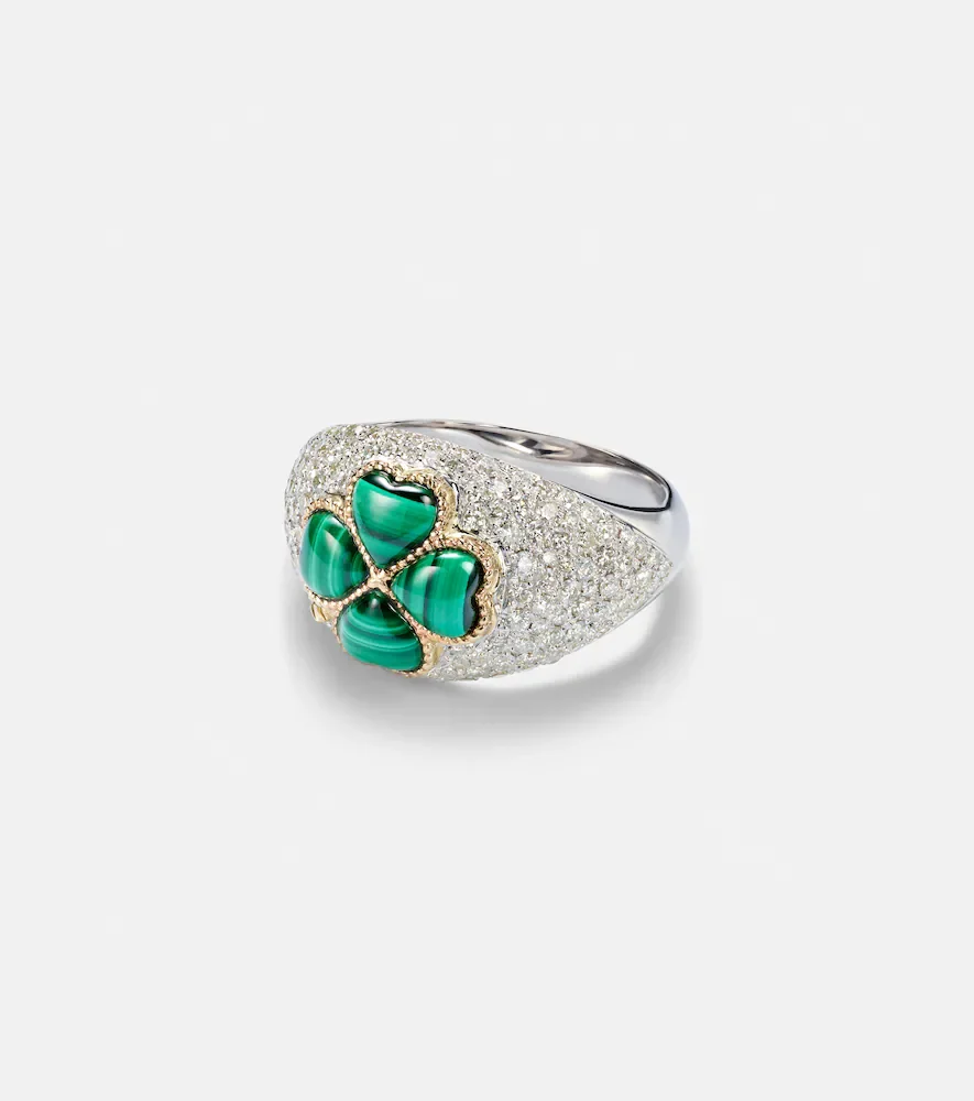 Yvonne Léon Anillo de oro blanco de 9 ct con diamantes y malaquita